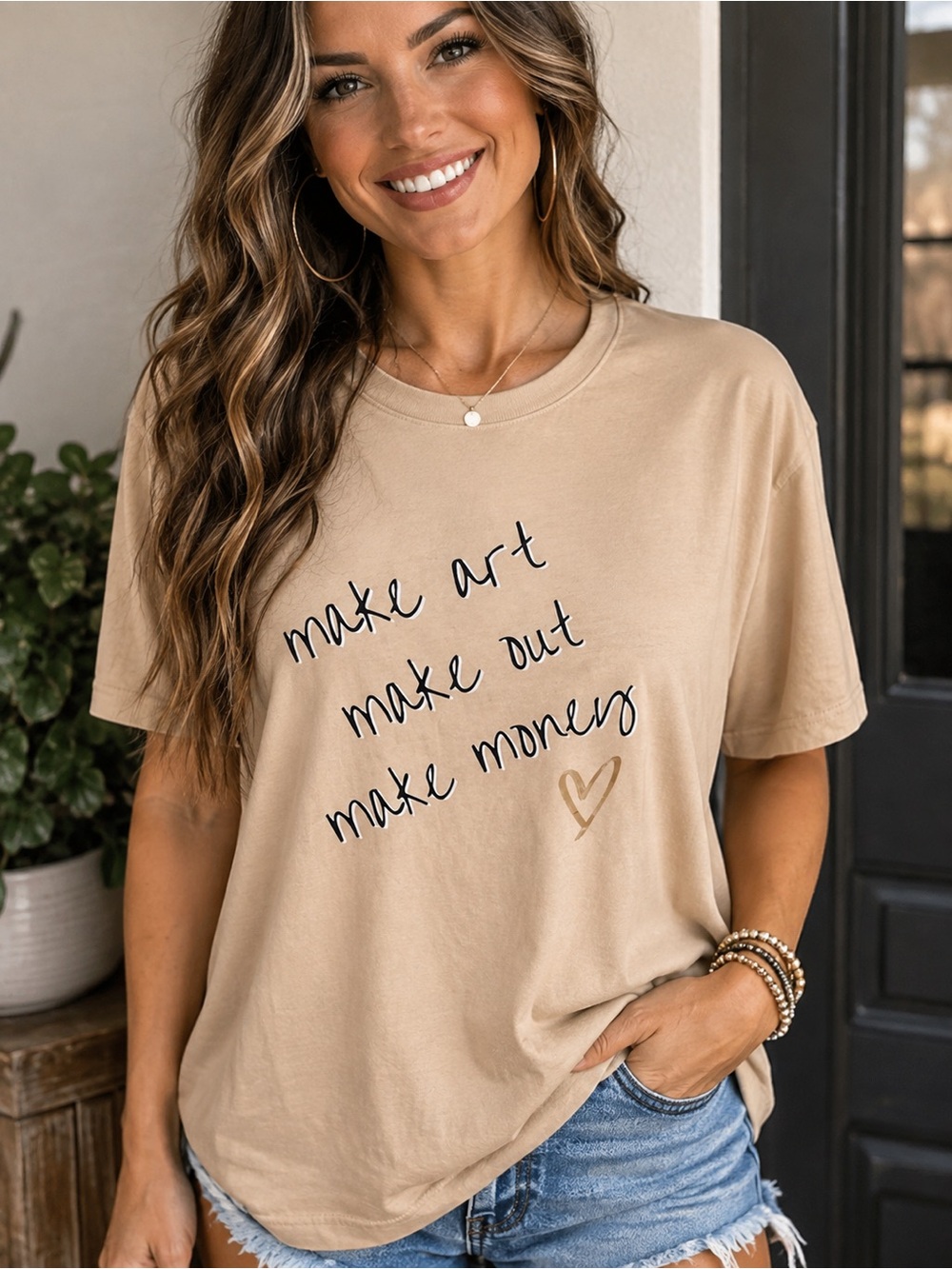 Beige Graphic make art make out make money New XL L medium